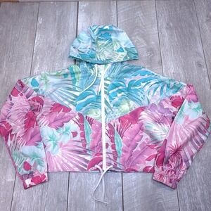 Nike Windbreaker Womens Medium Pink Teal Tropical Floral Cropped Hyper Jacket